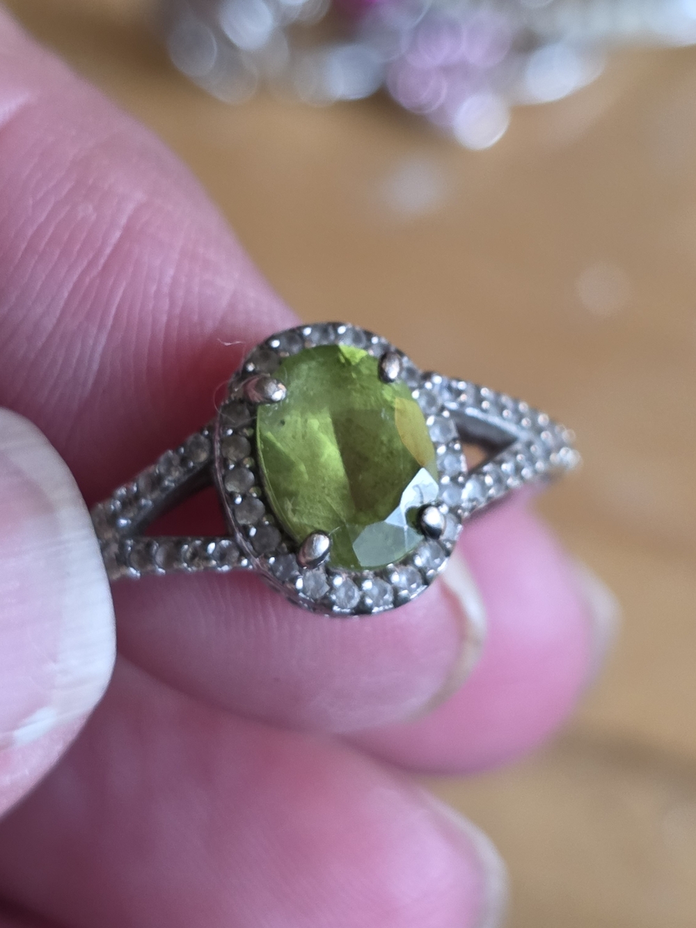 Green Oval Halo Peridot Ring with Pavé Band